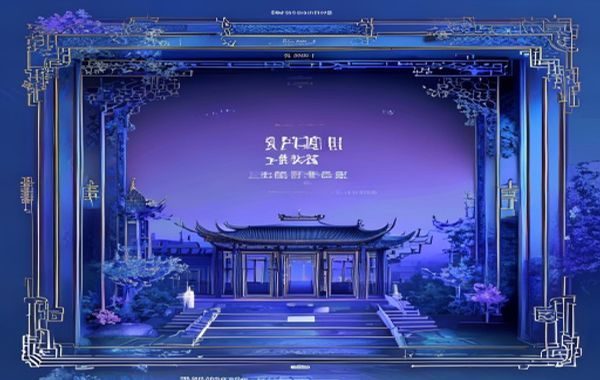 楼凤阁平台界面展示，东方风格设计元素融入现代界面，蓝紫渐变配色，品质文化内容平台氛围