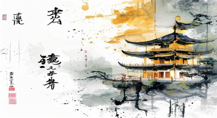 楼凤阁年度文化特辑封面，水墨山水画风格，金色题字，体现东方美学与现代设计融合的精品内容